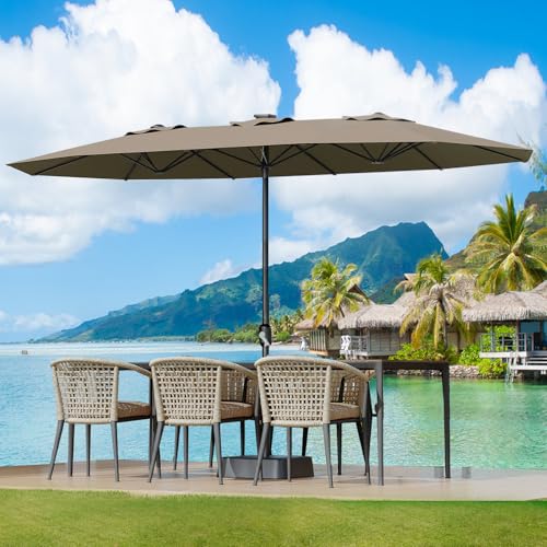 Large Patio Umbrella with Base Included, Double-Sided Rectangle Market Umbrella with Cross Base and Sandbag for Pool Lawn Garden (Tan, 15FT)