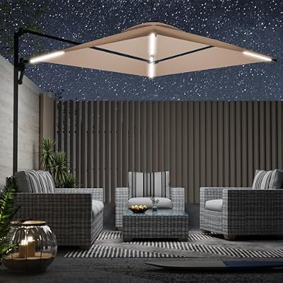 AECOJOY 10ft Solar LED Wall Mounted Outdoor Patio Umbrella, Rectangular Large Offset Cantilever Umbrellas with 180° Rotation Sun Canopy for Deck Pool Garden Backyard, Save Space, Beige