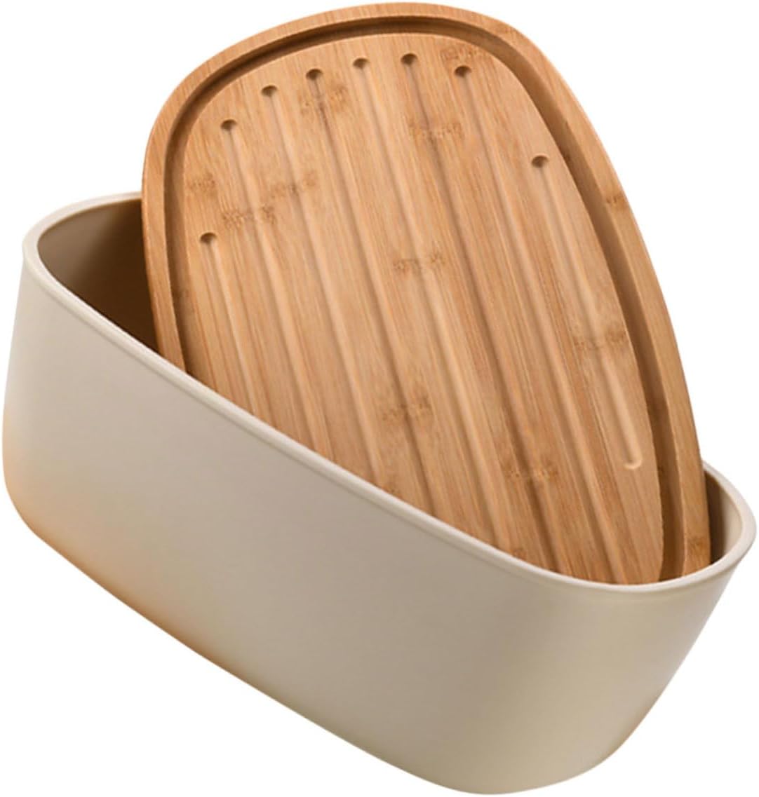OUNONA Oval Bread Box with Oak Cutting Board Lid, Refrigerator Toast Container and Snack Storage Holder for Kitchen Countertop Organization and Fresh Keeping