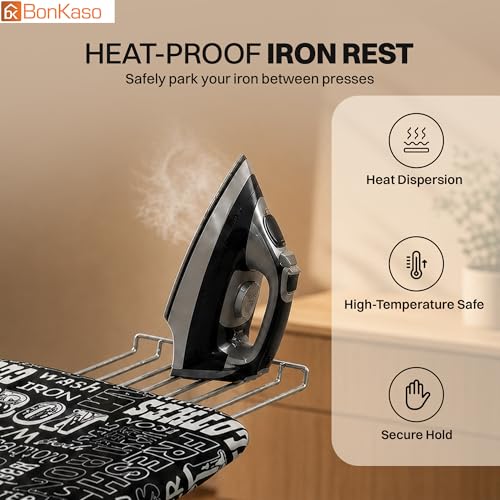 Image of BonKaso Premium Foldable Ironing Board with Adjustable Height & Heat Resistant Iron Rest | Ergonomic Ironing Table with Anti-Skid Legs, Fabric Cover & Foam Padding for Home - Black