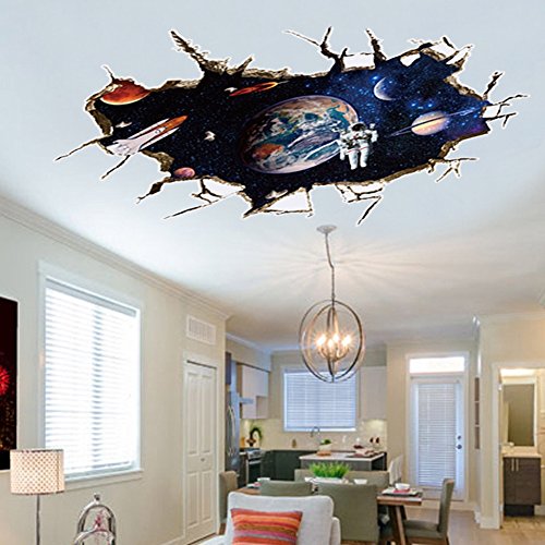 Large Blue Sky 3D Self-adhesive Removable Break Through The Wall Vinyl Wall Sticker/Mural Art Decals Decorator (9066A Galaxy Astronaut (23.6' X 35.4'/ 60cm x 90cm))