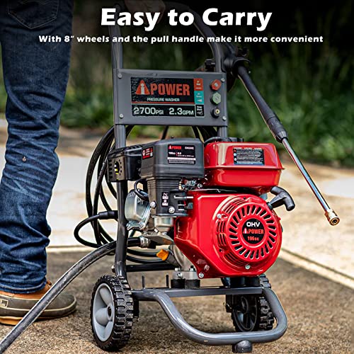 A-iPower APW2700C Gas Powered Pressure Washer 2700 PSI and 2.3 GPM 7HP with 3 Nozzle Attachments, CARB Compliant, Red