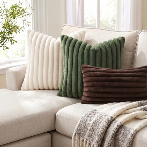 Image of Pallene Faux Fur Plush Throw Pillow Covers 26x26 Set of 2, Luxury Soft Fluffy Striped Decorative Pillow Covers for Sofa, Couch, Living Room, Dark Brown