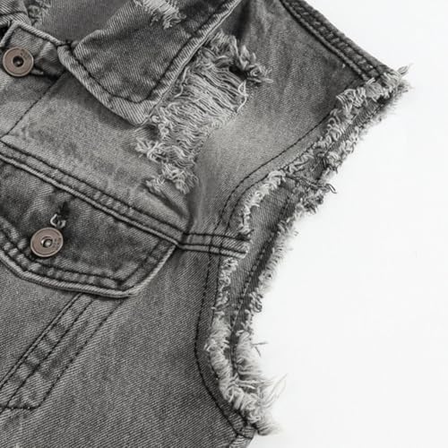 Denim Vest Men Ripped Distressed Destroyed Washed Western Sleeveless Button Down Jean Vest