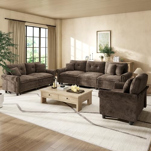 Image of HERA'S HOUSE Modular Sectional Sofa Set for Living Room 3-Piece Deep Seats | Mid-Century Modern 6-Seater Cloud Sofa Set, Grayish Brown, Rolled Arms & Nailhead Trim, Wider Seats, Chenille Furniture Set