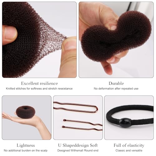 HOFASON Hair Bun Maker Donut 31 Pcs, 6 Pcs Medium Hair Donuts for Buns, 5 Pcs Hair Elastic Bands, 20 Pcs Hair Pins, Hair Buns Pieces Ring Style Accessories for Women Girls Long Hair Shaper (Brown) - Thumbnail 5