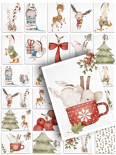 Spielefabrik Weihnachtskarten 24 Stück Postkarten Tierisch Niedlich Boho Deko Design Illustration schöne süße Weihnachtspostkarten Weihnachten Xmas Set Mix Geschenk Grußkarten Geschenkkarten