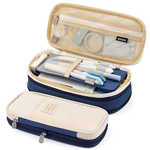 Image of Big Capacity Kawaii Pencil Case, Durable Storage Multiple Compartment Double Zipper Portable Capacity Pencil Pouch for Student Kids (Navy Blue)