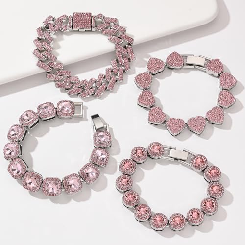 4-PCS Cuban Link Bracelets for Women,Diamond Tennis Bracelet Set,14K Gold Plated Layered Stackable Jewelry, Adjustable Bling Gift Set for Women4