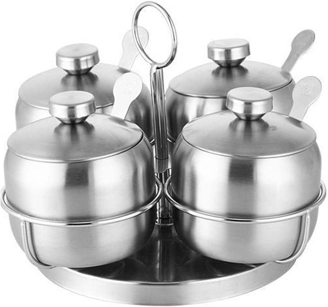 Wokyo Stainless Steel Seasoning Containers Set, Condiment Jar Spice Container with Lid Spoon, Rotatable Seasoning Pot Set for Salt Pepper Sugar Storage (Circular, 4Pcs)