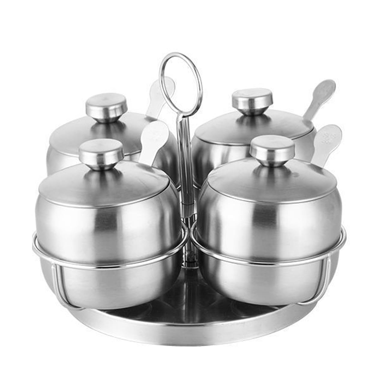 Wokyo Gewürzbehälter-Set aus Edelstahl, Gewürzbehälter, Gewürzbehälter mit Deckel, Löffel, drehbares Gewürztopf-Set für Salz, Pfeffer, Zucker (rund, 4 Stück)