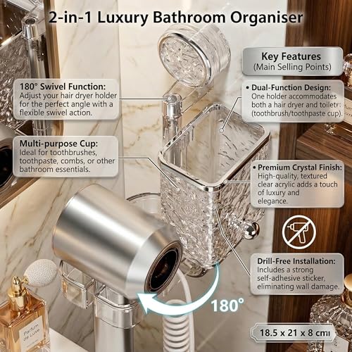 Image of LINEAR Bathroom Organiser | Wall Mount Toothbrush and Hair Dryer Holder | Clear Plastic | Self-Adhesive | 18.5 x 21 x 8 cm