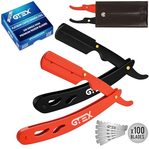 2 Straight Razor For Men (Red Black), 100 GTEX Premium Blades (Japanese Steel) - 2Pack Straight Edge Razor 100 Platinum Razor Blade - Navajas Para Barbero - Barber Razor For Men, Beard Razors