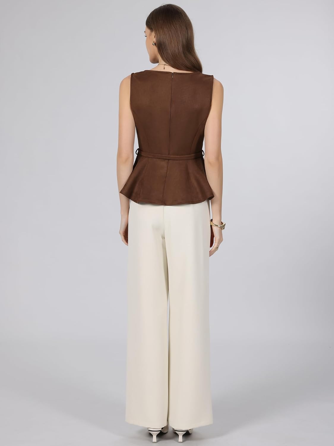 Hobemty Women's Sleeveless Peplum Top Faux Suede Boat Neck Business Casual Blouse with Belted
