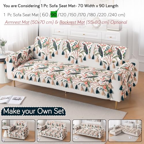 Image of HOKIPO Sofa Cover Mat with Tassel for 1 /2 /3 Seater & L Shape Sofa | DIY Sofa Cover Set | Printed Holland Velvet | 'Whispers of Nature' | 70(W) x 90(L) cm | Multicolor Tropical Peacock (IN-1118-D1)