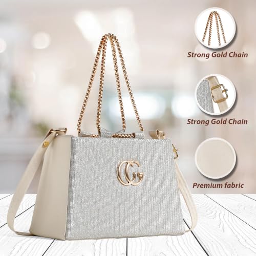 Image of Women's Tote Bag, Silver Glitter Fabric with Gold Chain Handle, Crossbody Strap (Silver)