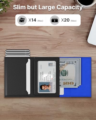 Image of typecase Mens Wallet Card Holder: Pop Up Aluminum Case, Genuine Leather, Smart, RFID Blocking, Slim, Minimalist, Front Pocket - 9-14 Card Capacity | ID Window | Cash Slot (Carbon Fiber Navy)