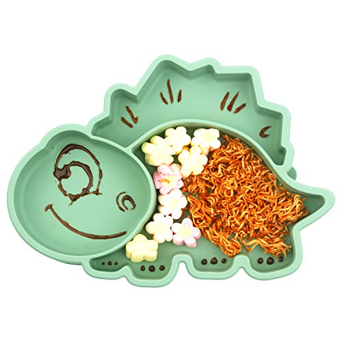 Silicone Suction Plate For Toddlers With Fork Spoon Set - Self Feeding Training Divided Plate Dish And Bowl For Baby And Toddler, Fits For Most Highchairs Trays (Dino Green) #TOP1