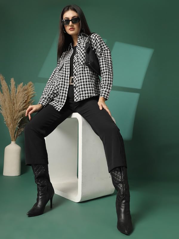Image of CHKOKKO Tweed Women Oversized Winter Shacket Stylish Standard Length Coat Plaid Jacket Shirt