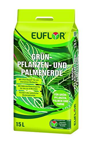 Euflor Grünpflanzen- und Palmenerde 15 L Beutel hochwertige Spezialerde für Grün- und Palmenpflanzen im Innenbereich, mit Vitalhumus und 8 Wochen Bedarfsversorgung Cover