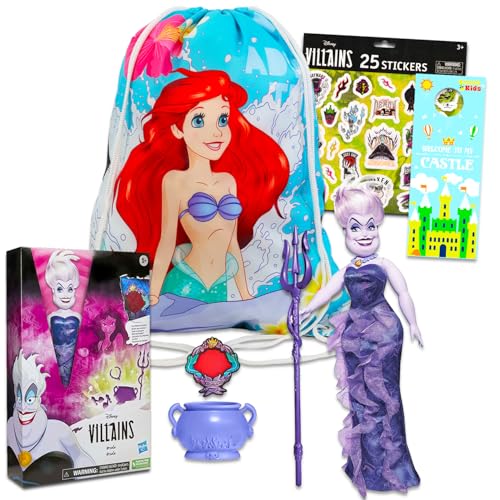 Disney Villains Ursula - Juego de muñecas Ursula - Paquete con muñeca Ursula de Villanos de Disney más bolsa de viaje de Sirenita, calcomanías, más | Regalos de villanos de Disney para niñas