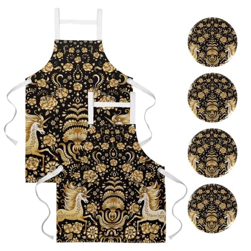 Tablier de cuisine licorne dorée multicolore lot de 2 avec 4 broches amovibles de service