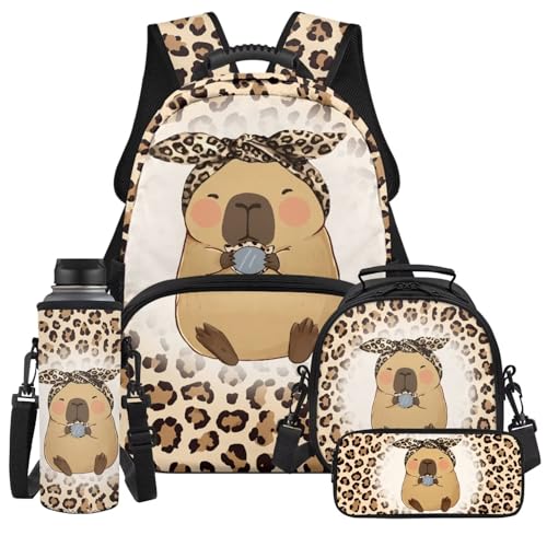 Backpacks for Girls with Lunch Box Capybara Backpack for Girls 8-10 Heavy Duty Breathable Elementary School Backpack for Kids Back to School Supplies 4 Pieces