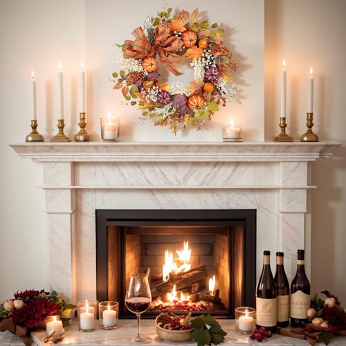 Image of 24 inch Fall Wreaths for Front Door Outside Fall Door Wreath with Pumpkin /Bow Autumn Wreath Fall Decorations for Home Decor Farmhouse Thanksgiving Harvest Halloween Outdoor Indoors Fall Front Porch