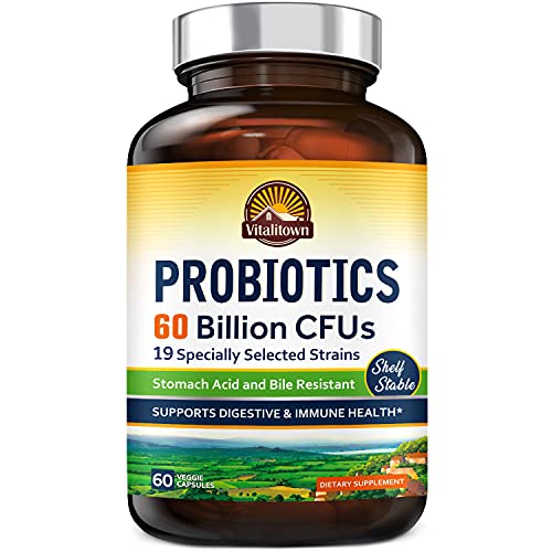 VITALITOWN Probiotics + Prebiotics | 60 Billion CFUs 19 Strains | 60 Delayed Release Veg Caps | Shelf Stable, Stomach Acid & Bile Resistant | Digestive & Immune Support | Vegan, Non-GMO, No Dairy