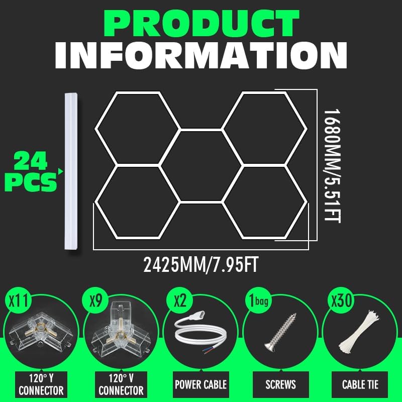 Hexagon Garage Lights, 3 Niveles de Ajuste de Brillo Led de 25 Paquetes, 216W, 25920LM, Luzes de Techo para Garaje, Centro Comercial, taller y Detallado de Coches