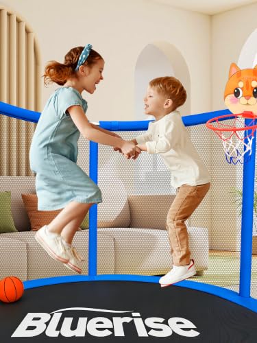 Image of BLUERISE 55IN 6FT Indoor /Outdoor Toddler Trampoline for Kids | Galvanized Steel Pipe,Multiple Activity Accessories,110lb,Safety Enclosure,Basketball Hoop,No-Gap Design,Anti-Rollover Bottom