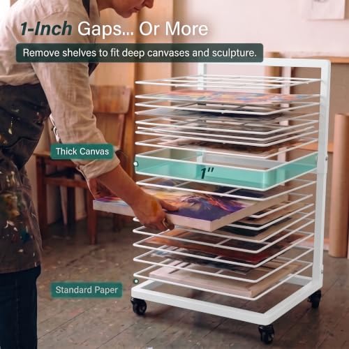 Image of OFFICEROO Art Drying Rack for Classroom & Preschool - 18-Shelf Mobile Paint Drying Rack, Canvas & Paper Drying Rack for Art Storage (White)