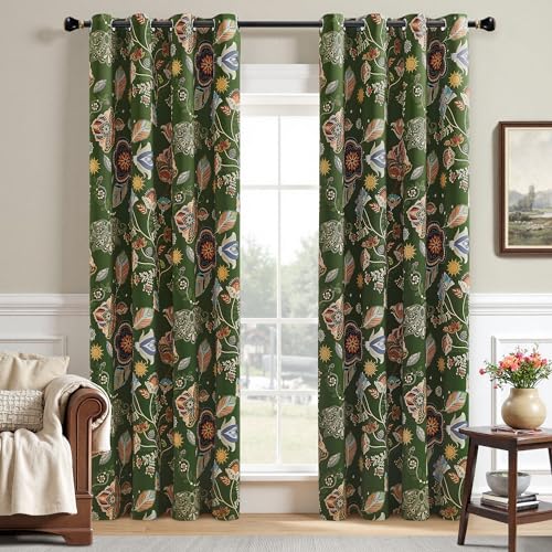 Image of XiDi 100% Blackout Green Floral Patterned Curtains 84 Inches Long 2 Panels | for Living Room Thermal Insulated Luxury Vintage Curtains for Bedroom Dark Botanical Printed Grommet Drapes Moss Green 52x84