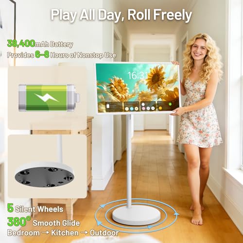 Image of KEFEYA 32 inch Portable Smart TV, FHD Touchscreen Rolling TV with Swivel Stand, Voice Remote, Android 15, 8GB RAM+128GB Storage, Built-in Battery (6-8Hrs), EDLA-Certified, 20W Stereo