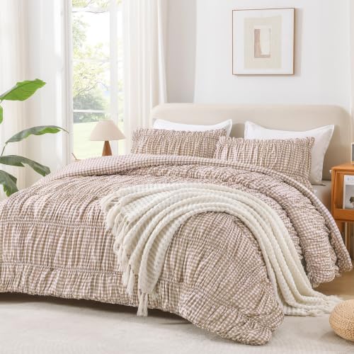 Image of Andency Ruched Gingham Tan King Comforter Set, Boho Ruffle Bedding 3 Pieces | Shabby Chic Bed Set for Girls, Kids, Women, Lightweight Soft Pleatd Comforter, All Season