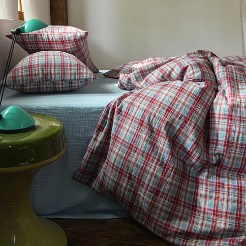 Image of EAVD Vintage Style Red&Blue Gingham Duvet Cover King Soft 100% Cotton Muslin Yarn-Dyed Textured Retro Grid Plaid Bedding Set Reversible British-Style Gingham Bedding Set with Zipper Closure