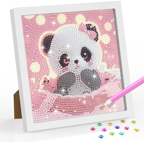 SENQAO Panda Diamond Art Kits for Kids with Frame - Kid Diamond Art Painting Kit Animal, Cute Gem Arts for Kids Ages 4-6-8-12, Easy DIY Crystal Gem Kits for Children Gifts (7.1x7.1inch)