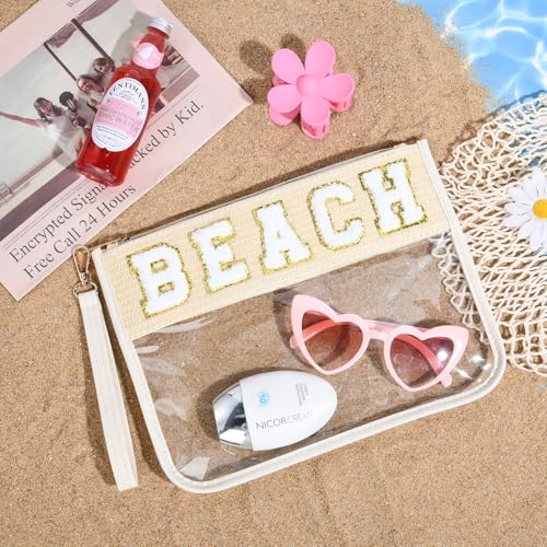 BEACH Bag BEACH Sunscreen Makeup Bag Chenille Letter Pouch Clear Travel Zipper Nylon Cosmetic Pouch Organizer Sunscreen Toiletry Bag Waterproof Summer Travel Gifts for Women4