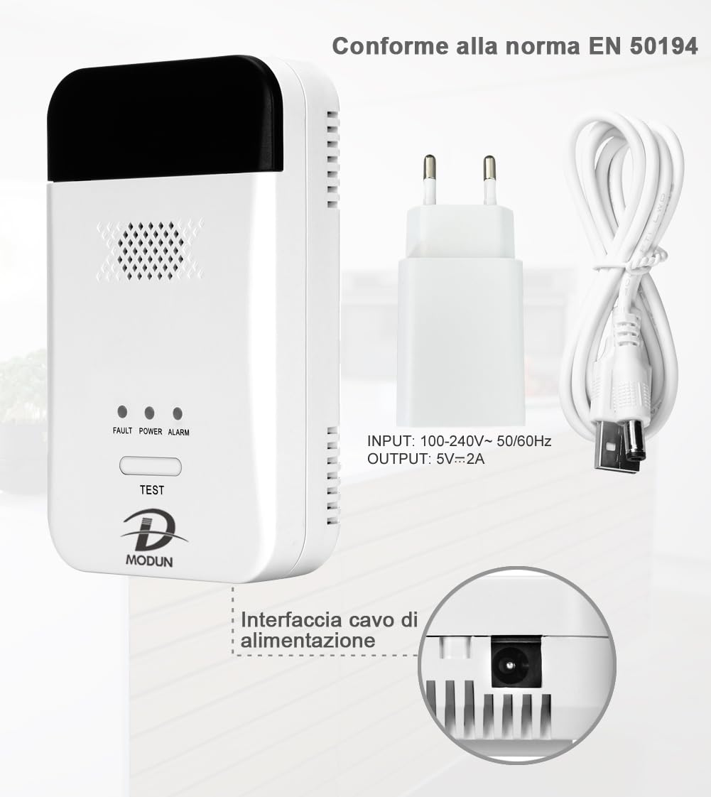 D MODUN - Rilevatore di Gas, Gas naturale|GPL|Rilevatore di perdite gas carbone, Rilevatore gas con plug-in con allarme acustico e display a LED, Sensore Allarme gas combustibili Metano Propano Butano