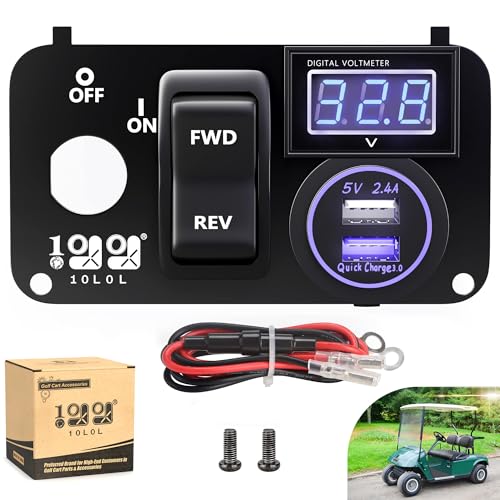 10L0L Golf Cart Key Switch Console Plate Panel for EZGO TXT PDS 2003-up Electric, Equipted Forward Reverse Switch & LED Digital Voltmeter & 12V 3.0 Fast Charger Dual USB Socket