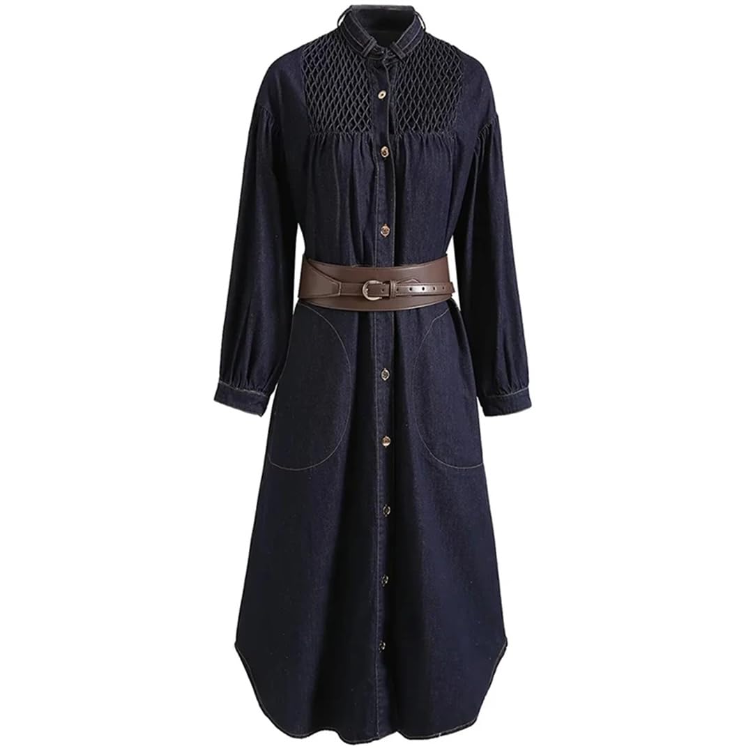 Abito da donna in denim blu all'inizio dell'autunno con colletto alla coreana tasche in cintura abito abiti larghi casual con bottoni