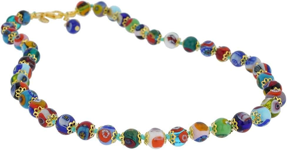 Glass Of Venice Murano Glass Necklace Shorter Length 17-Inches - Italian Millefiori Multicolor Mosaic Beads Handmade Blown Glass - Murano Glass Necklaces for Women