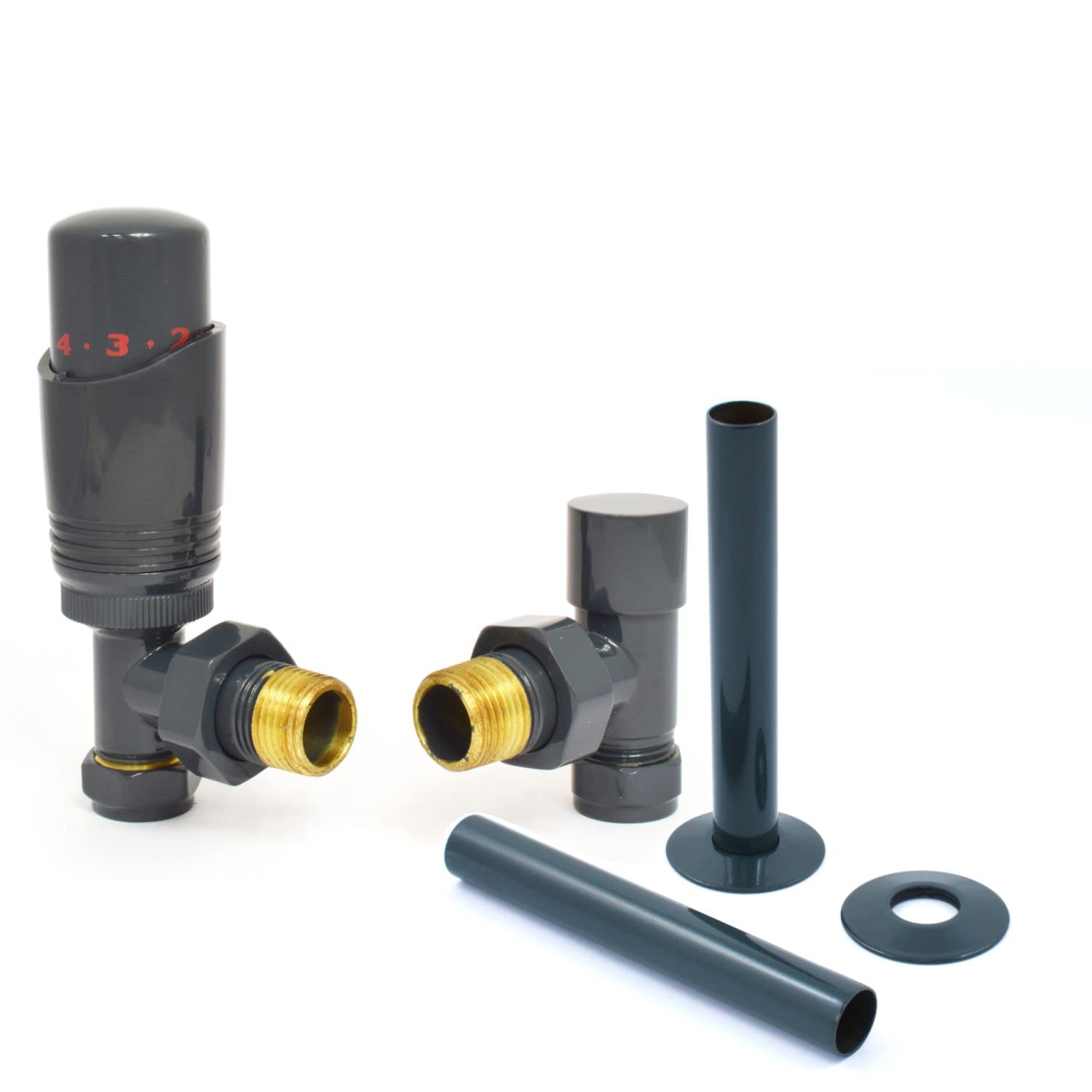 Hot Flow Anthracite Cascade Angled Modern TRV Thermostatic Radiator Valve (Pair) Includes Angled TRV Body