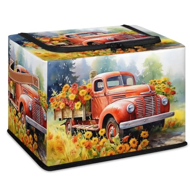 Clothes Storage Bins With Lids Truck Fall Flower Foldable Storage Box with Leather Handles Large Capacity Storage Bags for Clothing Bedding Toys Blanket Towel Decorative Under Bed