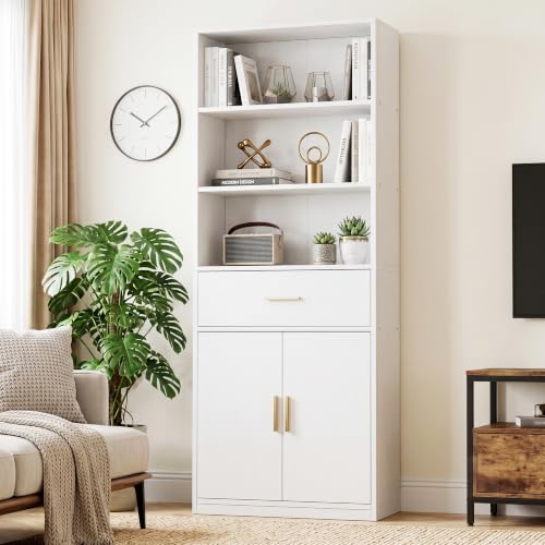 Image of Shintenchi Bookshelf,6-Tier Bookcase with 1 Drawer & 1 Cabinet, 6 Shelf Display Storage Shelves Floor Standing 70.6 inches Tall Bookcase for Home Office, Living Room (White)