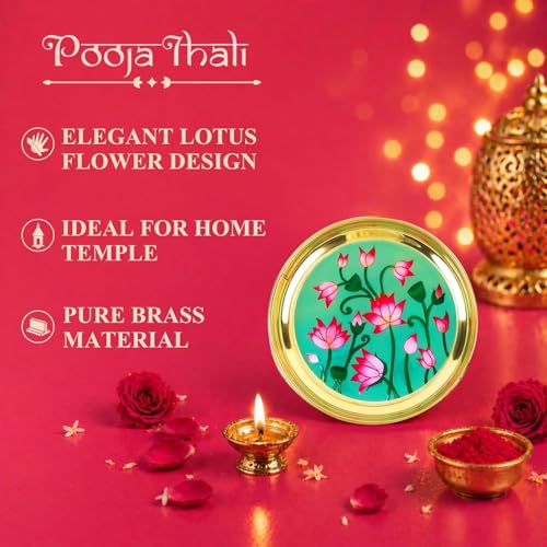 Image of Klassic 8 Inch Handcrafted Brass Thali /Aarti Plate | Lotus Design, Beautifully Embossed Colorful Decorative Plate for Puja /Worship, Aarti, Karwa Chauth, Navratri, Diwali Gifts | (Pack of 1)