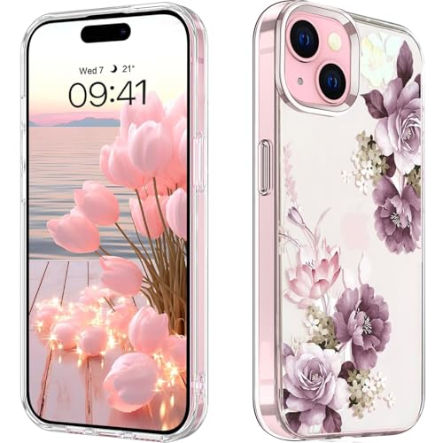 Image of Elzzi Clear Transparent Flower Cover for iPhone 13 Case Shockproof PC+TPU Back Cover with Full Camera Protection Non Slippery - Deep Purple