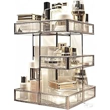 360 Rotating Glass Makeup Organizer, Spinning Vanity Cosmetic Storage with Multi-Layer Compartments, Luxury Countertop Rotating Makeup Holder for Skincare, Perfume, Cosmetics