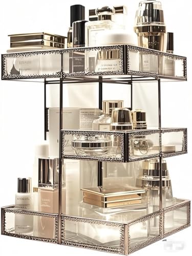 Hersoo 360 Rotating Glass Makeup Organizer, Spinning Vanity Cosmetic Storage with Multi-Layer Compartments, Luxury Countertop Rotating Makeup Holder for Skincare, Perfume, Cosmetics