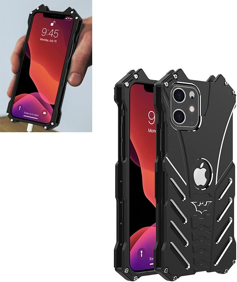 Bat Style Metal Case for iPhone 11 (6.1 inch), Cool Tough Bumper Anti-Fall Shockproof Aluminum Alloy Frame Protective Back Plate Cover for Men Black